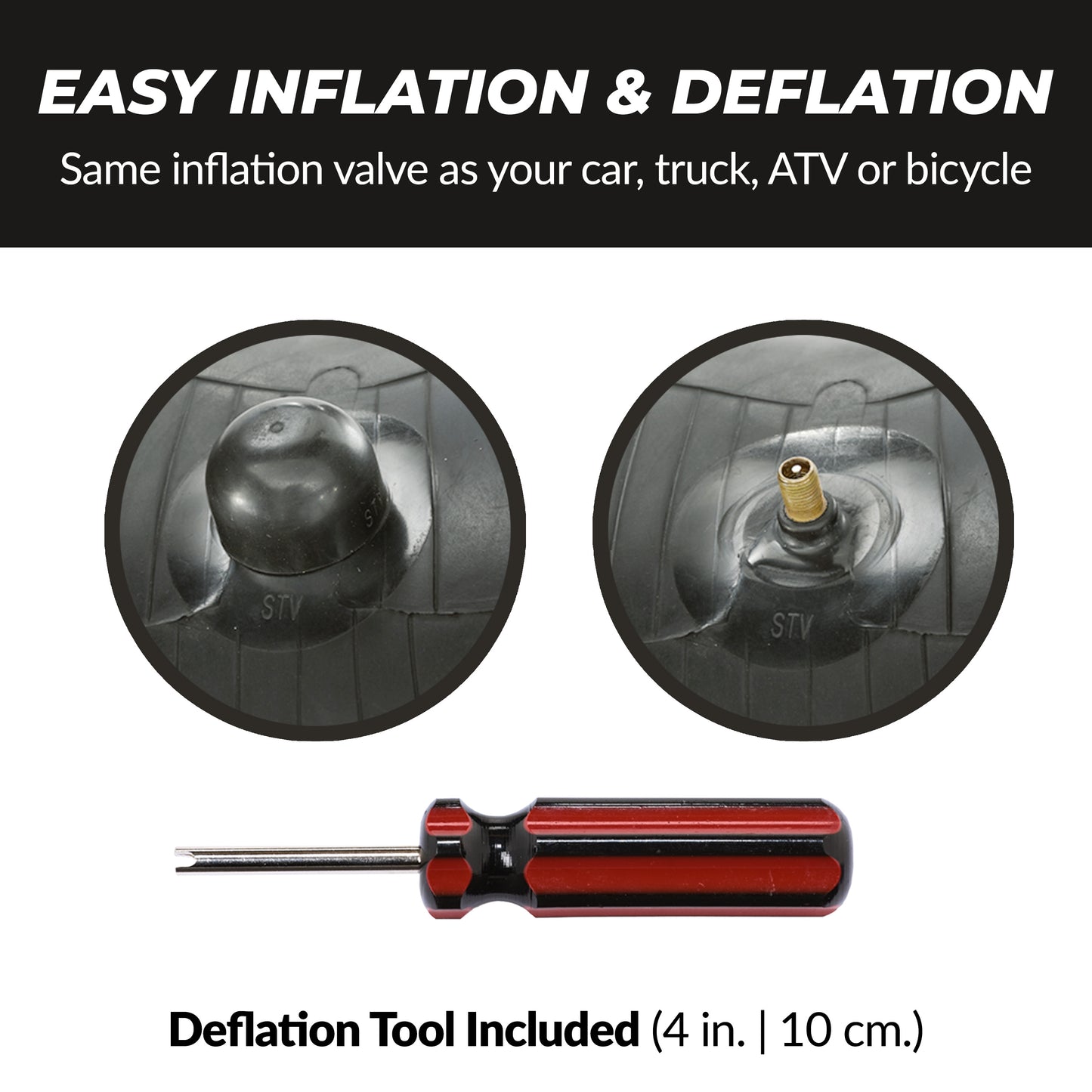 Easy Inflation and Deflation images of deflation tool, valve cover, and instructions. Same valve as bikes and cars, use 4 inch tool to quickly deflate and store till next winter.