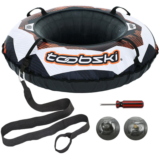 White, orange, and black heavy duty snow tube with strap for connecting snow tubes, and valve cover and tool.