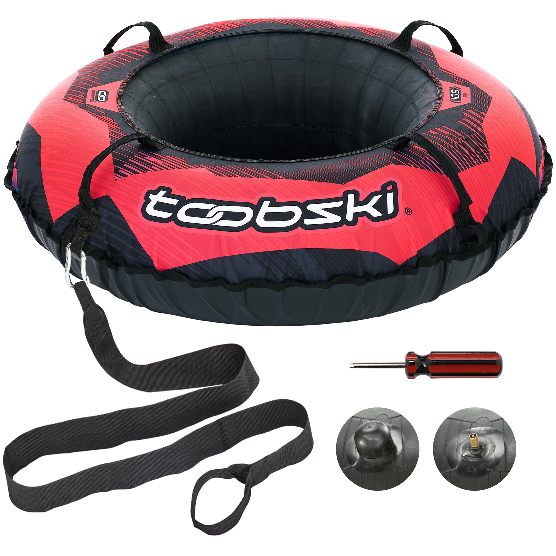 Red, white, and black heavy duty snow tube with strap for connecting snow tubes, and valve cover and tool.