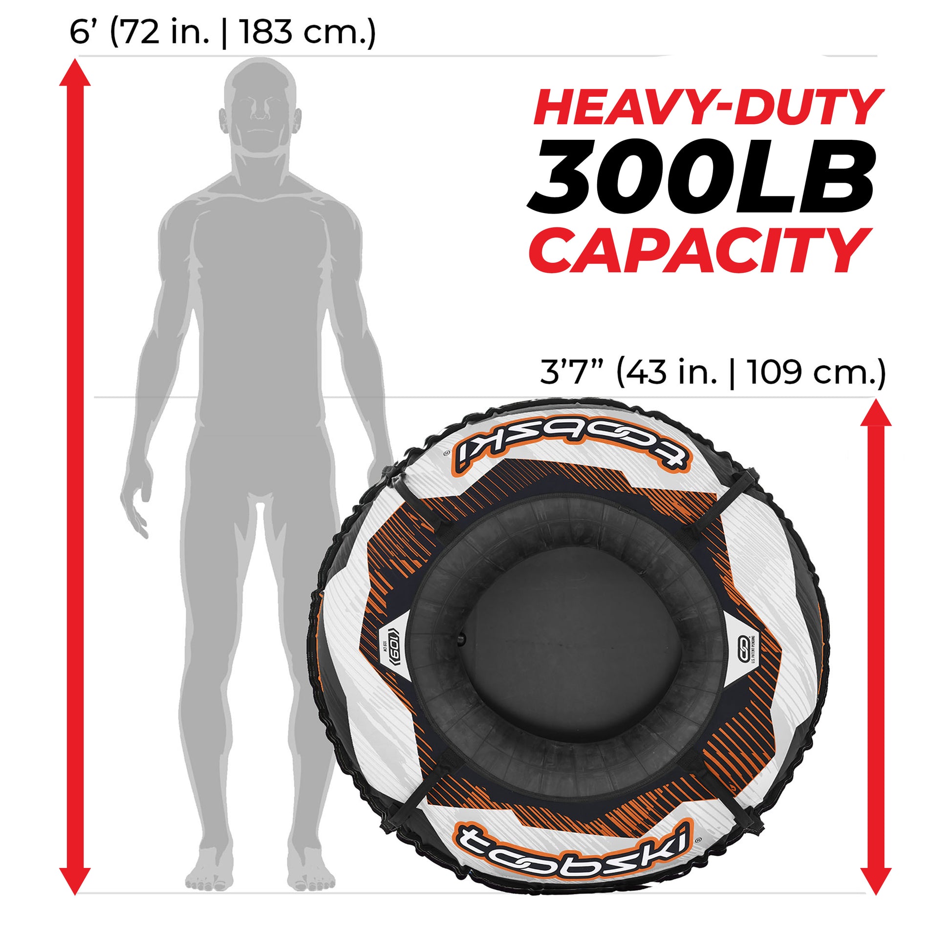 43 inch diameter, 300 pound heavy duty snow tube capacity diagram with top view photo of orange and white Slopemaster.