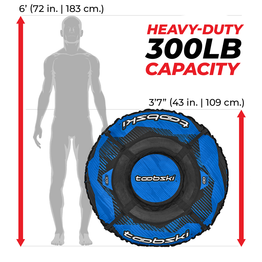 43 inch diameter, 300 pound heavy duty snow tube capacity diagram with top view photo of blue, white and black Air Ride with suspension seat.