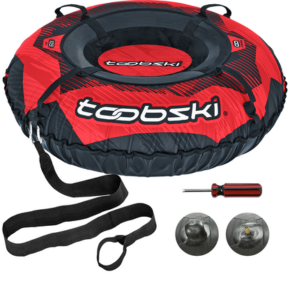 Red, White and Black heavy duty snow tube with cushioned seat, strap for connecting snow tubes, and valve cover and tool.